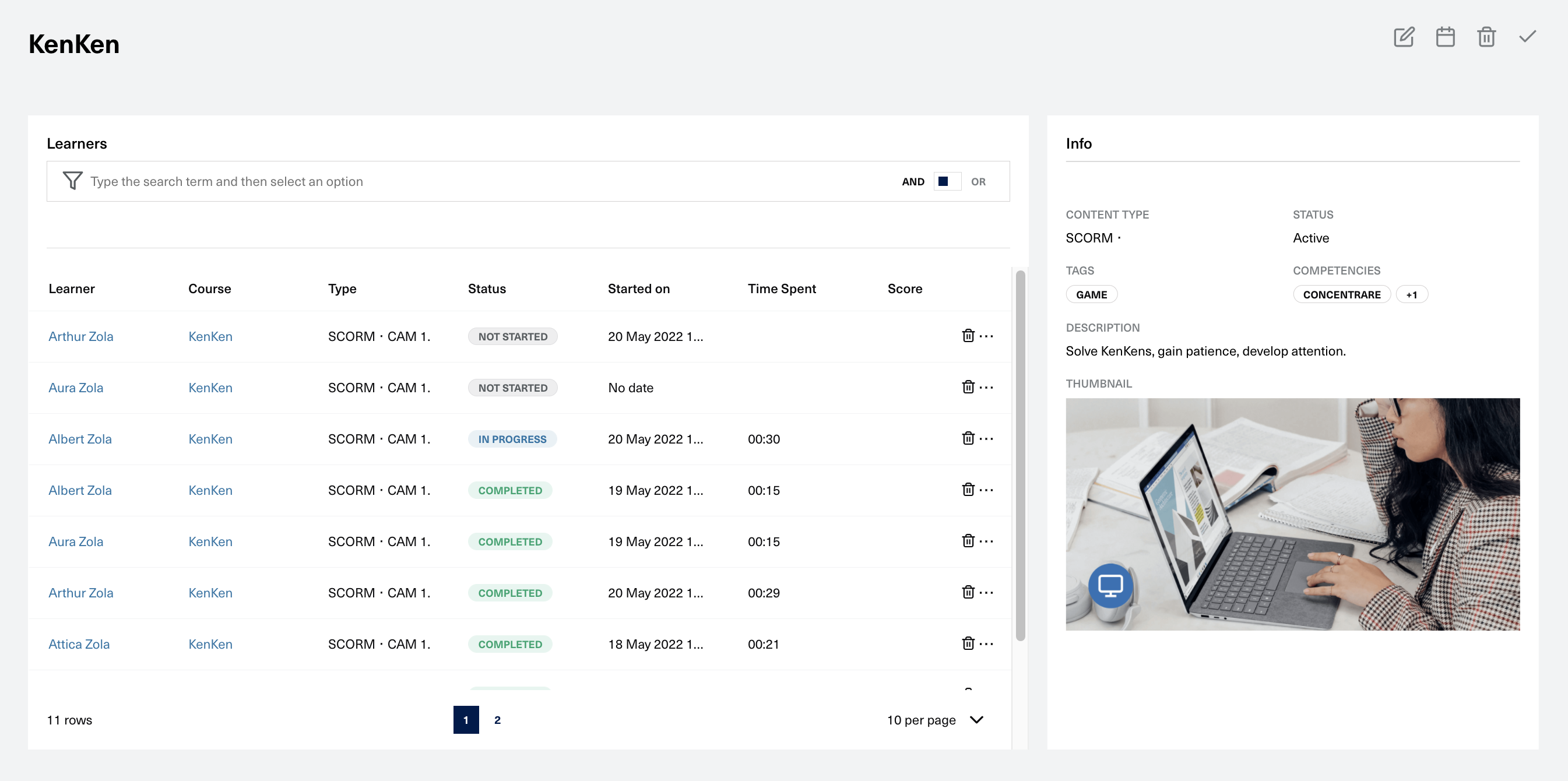 Learning assignment view