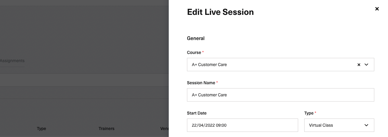 live session edit side modal